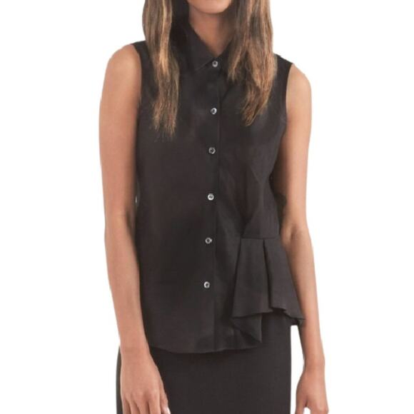 THEORY Biaz Sleeveless Button Up Top with Asymmetrical Pleat in Black - Picture 1 of 9